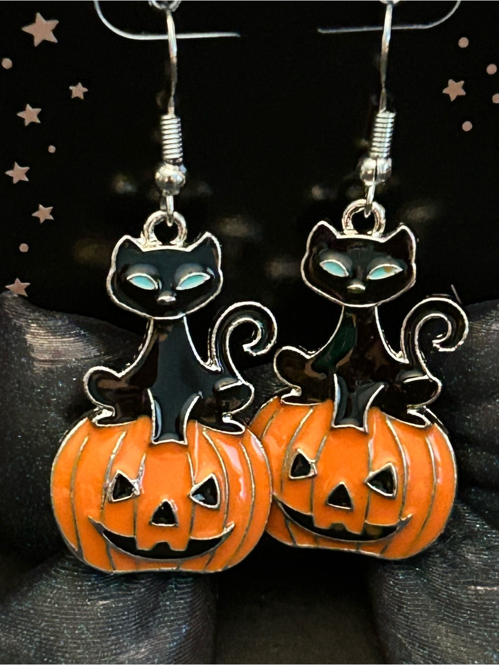 Halloween Black Cat & Orange Pumpkin 🎃 Jack-O-Lantern Charm Earring Pair